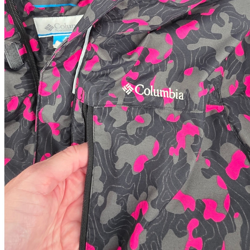 Columbia Pink Grey Camo Hooded Puffer Jacket Pockets Youth Kids Large 14/16 - Picture 4 of 12